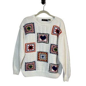 Liz Sport Sweater Women L Cream Patchwork Cable Knit Granny Festive Classic 80s